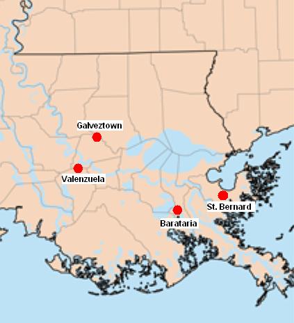 Map showing location of St Bernard Parish near New Orleans